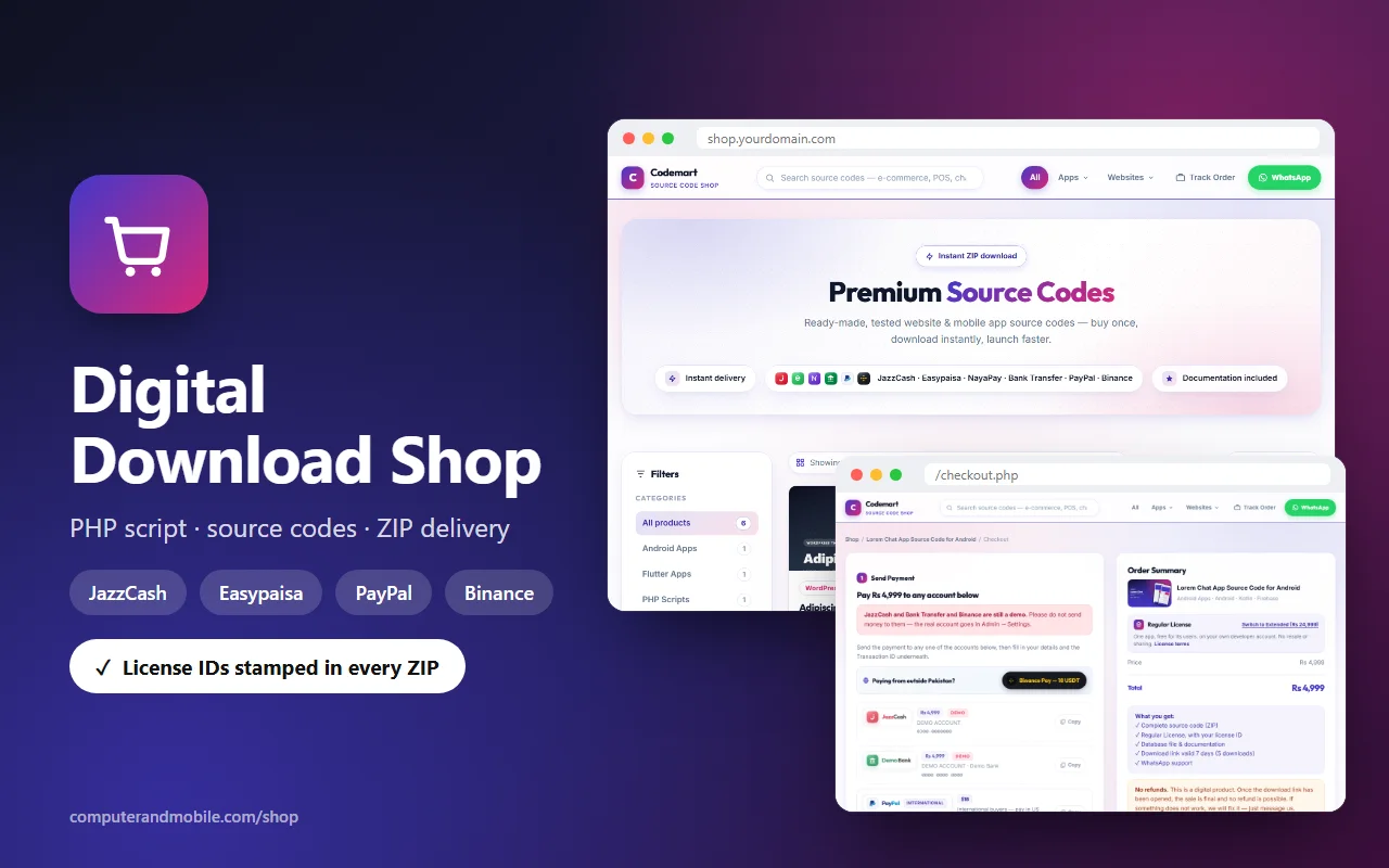Digital Products Shop PHP Script – JazzCash, Easypaisa, PayPal & Binance source code screenshot