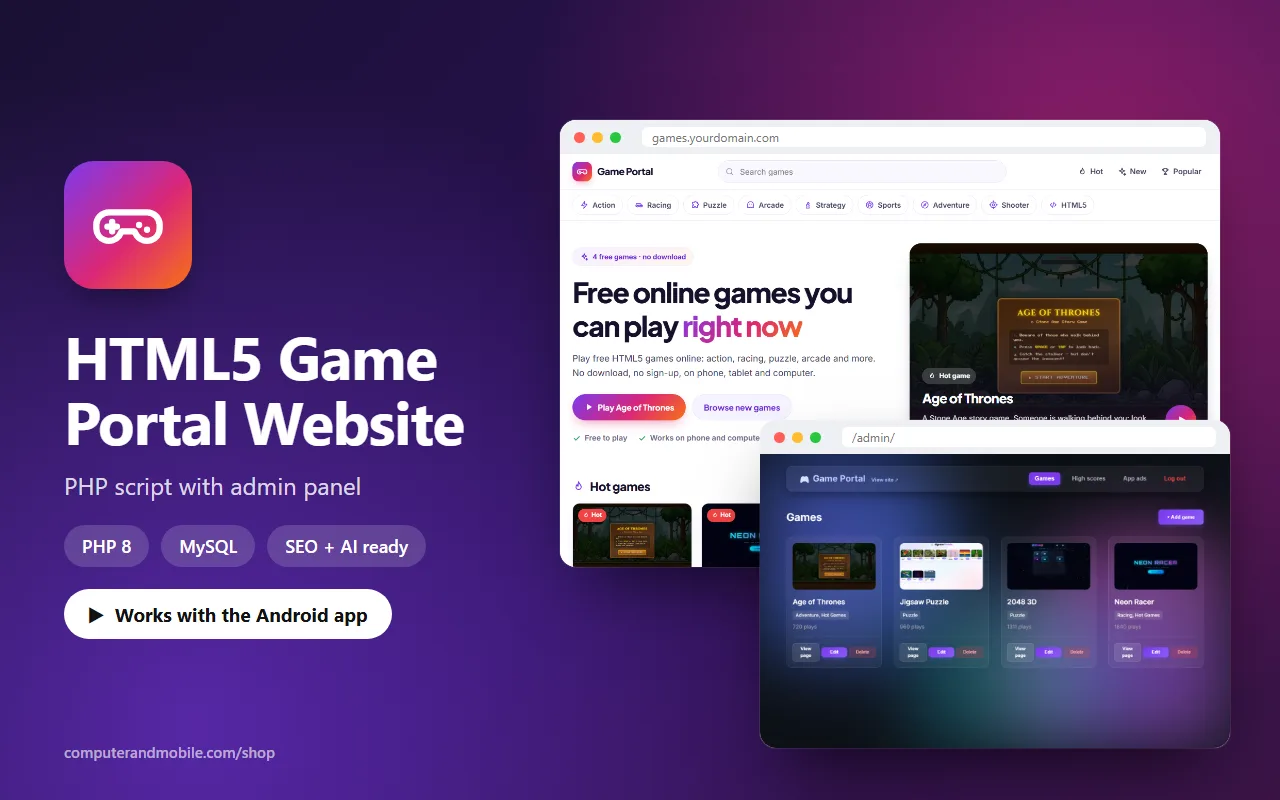 HTML5 Game Portal Website PHP Script with Admin Panel source code screenshot