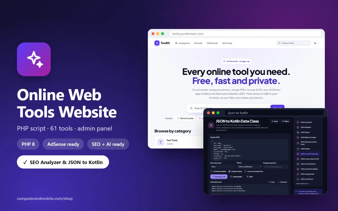 Online Web Tools Website PHP Script – 61 Tools, SEO Analyzer & JSON Tools source code screenshot